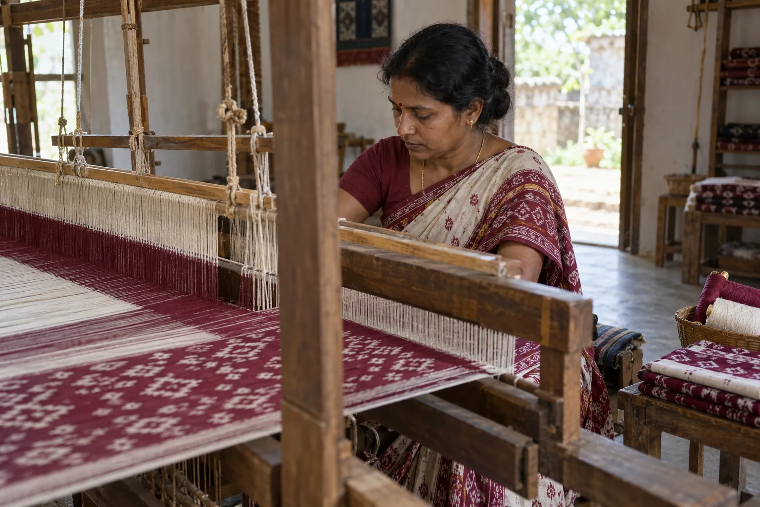 Illustration. Imagined handloom workshop: a weaver works with deep red and cream patterned cloth on a wooden loom.