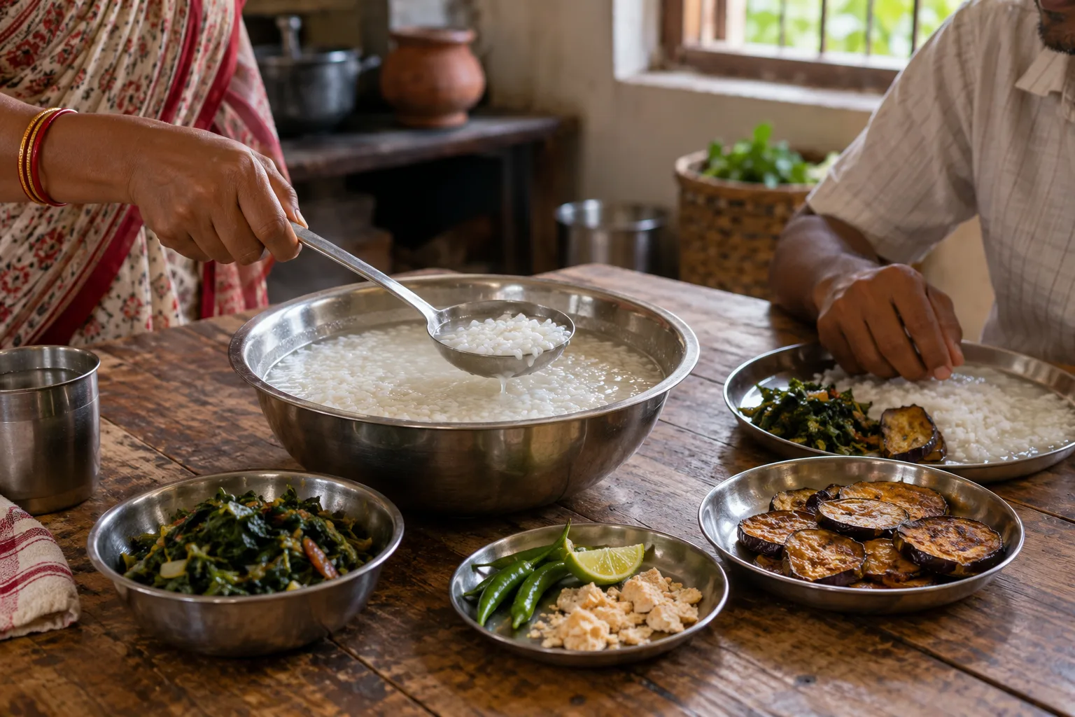 Illustration. Imagined home meal centred on pakhala, with fried vegetables, greens and accompaniments on a simple table.