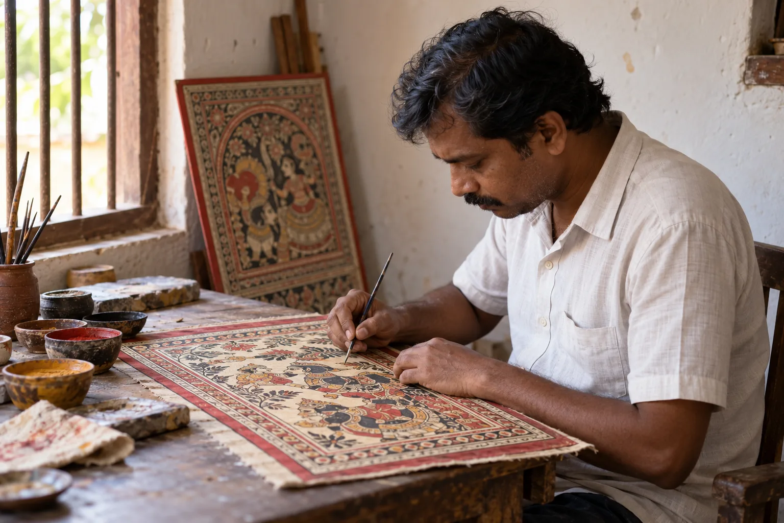 Illustration. Imagined Pattachitra workshop: an artist paints a small detailed panel beside everyday working materials.