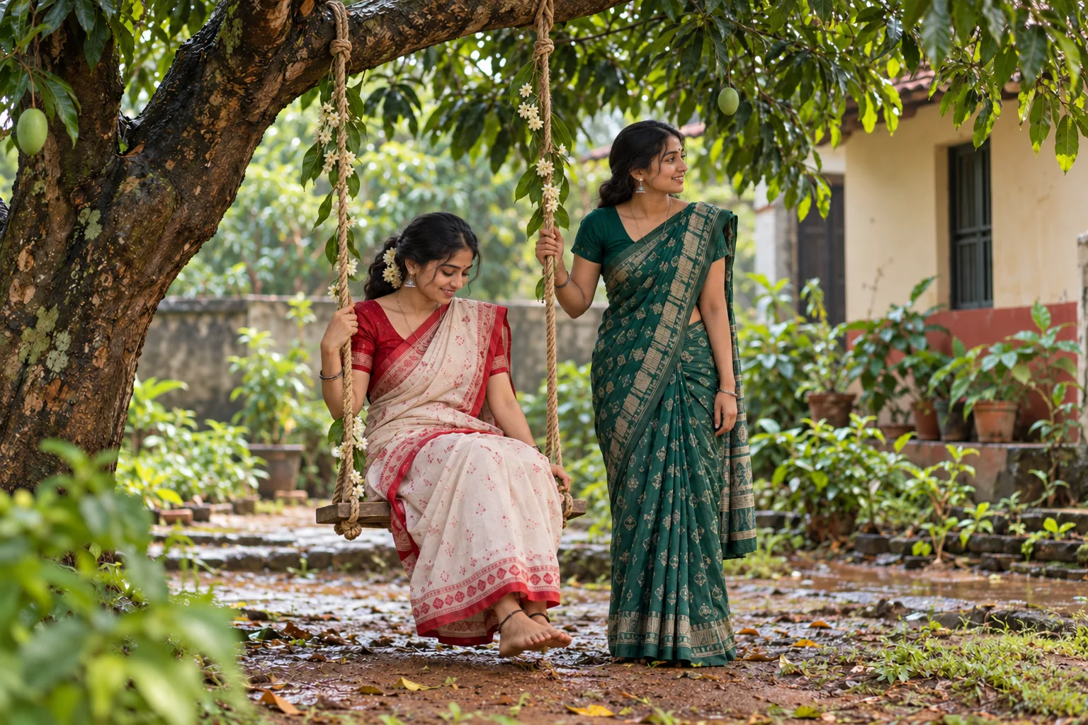 Illustration. Imagined Raja festival moment: a young adult woman enjoys a garden swing while a friend stands nearby.