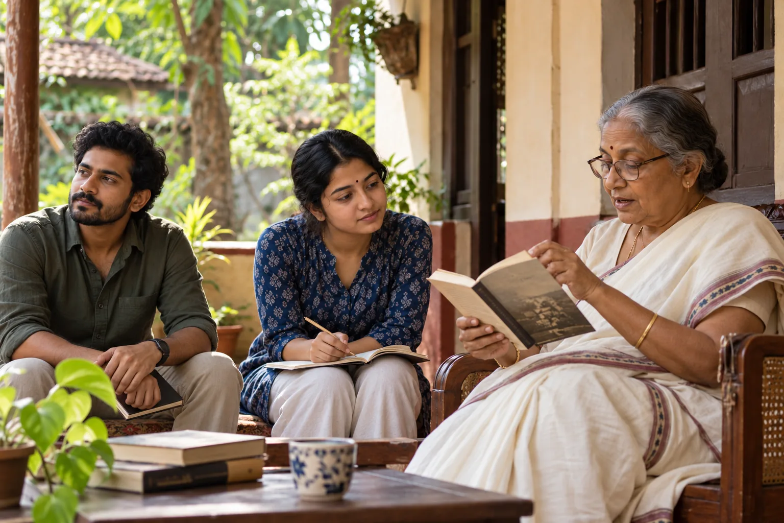 Illustration. Imagined veranda reading circle: an older reader shares a book with two younger adults in soft daylight.