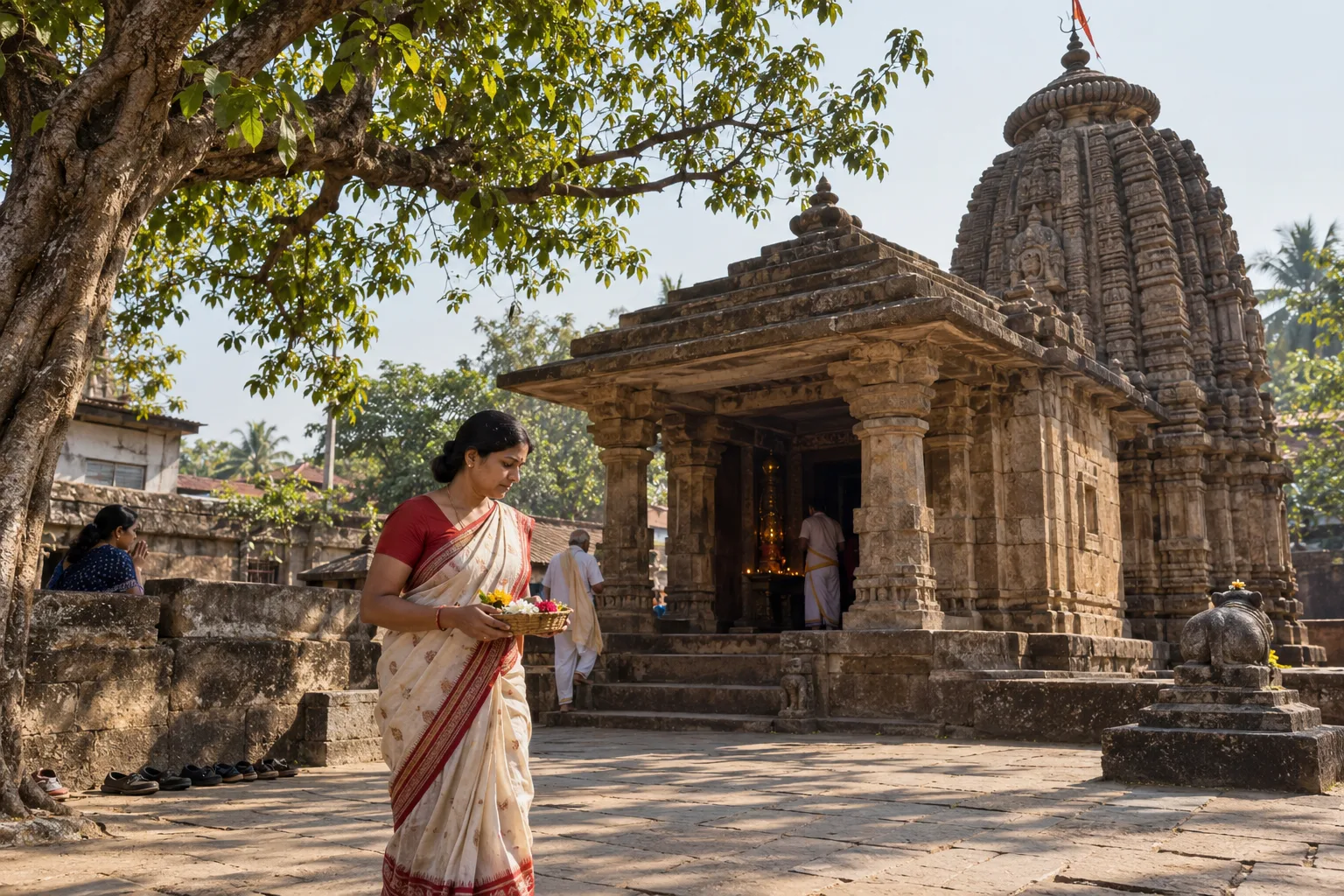 Illustration. Imagined scene of a small Odisha-style stone temple courtyard, with people passing in soft morning light.